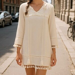 English Factory Ivory Tassel Trim Long Sleeve Boho Mini Tunic Dress Size XS New